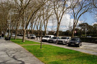Fatima, Portekiz - 24 Mart 2025: Park halindeki arabalarla, yaya yollarıyla ve sıra sıra dizilmiş ağaçlarla huzurlu bir şehir manzarası.