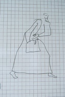 Fatima, Portekiz - 26 Mart 2025: Portekiz 'in Fatima şehrinde çekilen fayanslı arka planda bir figürü tasvir eden doğrusal sanat çalışması. İncil sahnesi.