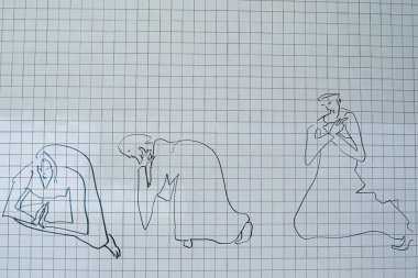 Fatima, Portekiz - 26 Mart 2025: Dua ederken diz çökmüş basit çizgilerle yaratılmış figürlerin minimalist illüstrasyonu. İncil sahnesi.