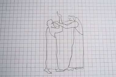 Fatima, Portekiz - 26 Mart 2025: İki soyut figürün geometrik şablon içinde birbirleriyle etkileşim halindeki dijital sanat eserleri. İncil sahnesi.