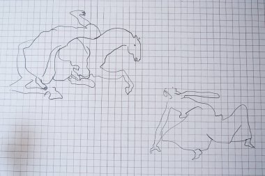 Fatima, Portekiz - 26 Mart 2025: At ve insan figürlerinin yer aldığı minimalist çizgi şebeke zemininde çekildi. İncil sahnesi.
