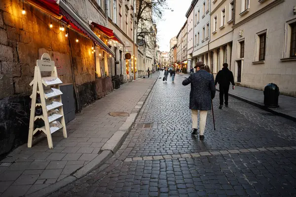 Lviv, Ukrayna - 31 Mart 2025: Lviv, Ukrayna 'da yayalar ve dükkan önlerinin yer aldığı alacağı alacakaranlıkta aydınlatılmış bir kaldırım taşı caddesi. 