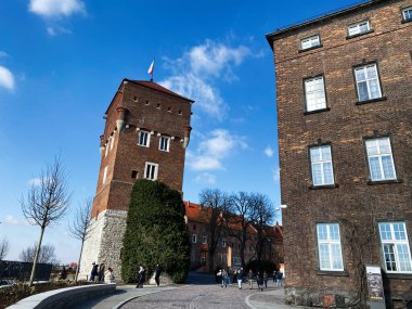 Krakow, Polonya - 16 Mart 2025: Krakow, Polonya 'daki görkemli tuğla kule, mavi gökyüzü altında tarihi binalarla çevrili. Wawel Hırsız Kulesi. 
