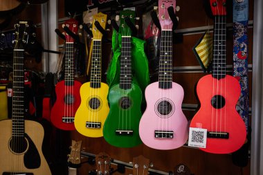 Lviv, Ukrayna - 1 Nisan 2025: Lviv 'de bir müzik mağazasında asılı çeşitli renklerde canlı ukuleleler.