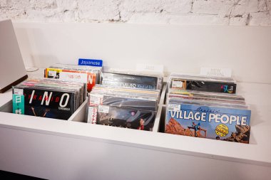 Lviv, Ukrayna - Nisan 01, 2025: Simgesel albümleri ve farklı müzik türlerini vurgulayan kategorilerle vinil plak koleksiyonu.