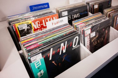 Lviv, Ukrayna - Nisan 01, 2025: Çeşitli türler, sanatçılar ve füzyon müzik stillerinin yer aldığı vinil albüm koleksiyonu