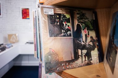 Lviv, Ukrayna - Nisan 01, 2025: Pink Floyd 'Ummagumma' 1969 albümü ahşap bir rafta sergilendi