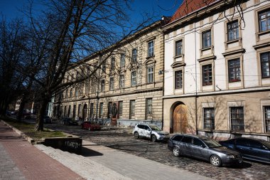Lviv, Ukrayna - Nisan 06, 2025: Ukrayna 'nın Lviv kentinde güneşli bir gökyüzü altında park halindeki arabaları, tarihi binaları ve ağaçları olan kaldırım taşı caddesi.