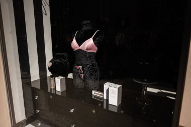 Lviv, Ukrayna - Nisan 06, 2025: Gelişmiş bir vitrin vitrininde zarif Victoria 's Secret iç çamaşırları sergileniyor.