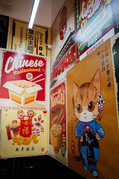 Lviv, Ukrayna - Nisan 06, 2025: Çin temalı posterler ve sanatsal kültürel tasarımlarla süslenmiş canlı bir duvar.