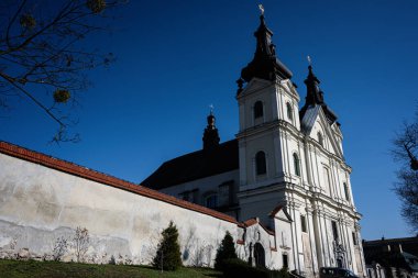 Lviv, Ukrayna - 07 Nisan 2025: Lviv 'deki Barok Katedrali Karmelite Taşınmış Kilisesi dekoratif mimarisi ve açık hava geçmişi ile