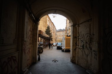 Lviv, Ukrayna - 07 Nisan 2025: Grafiti süslü duvarlar ve Lviv 'de park edilmiş araçlarla tarihi kent geçidi