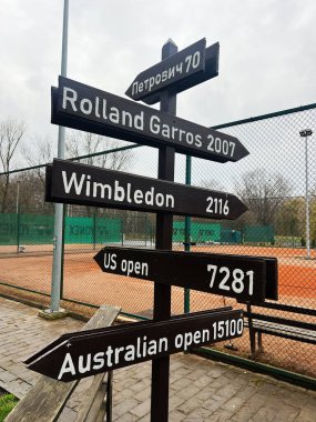 Kyiv, Ukrayna - 08 Nisan 2025: Tenis kortundaki tahta tabela ünlü turnuva yerlerini ve sırasıyla mesafeleri gösteriyor.