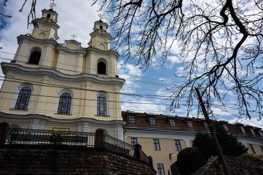 Buchach, Ukrayna 'da ağaç dalları ve mavi gökyüzüyle çerçevelenmiş sarı bir kilise. Basilian Babalarının Kutsal Haç Manastırı