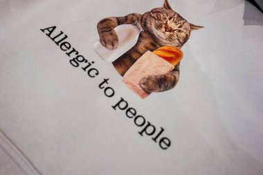 Mizahi kedi temalı, yemek ve esprili cümleli bir baskının yakın çekimi. İnsanlara alerjim var..