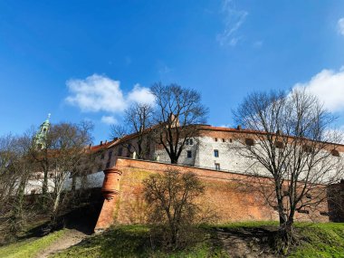 Polonya, Krakow 'da mavi gökyüzü olan antik kale duvarları güzel bir şekilde ele geçirildi..