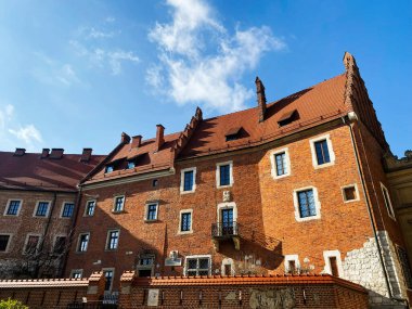 Krakow 'daki John Paul Katedrali' nin kırmızı tuğlalı binası açık ve güneşli bir gökyüzü altında tarihi mimariyi yansıtıyor..