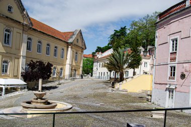 Caldas da Rainha 'daki kaldırım taşı meydanında renkli binalar, yemyeşil ağaçlar ve küçük bir çeşme bulunur..
