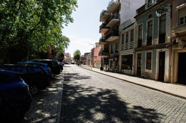 Caldas da Rainha, Portekiz - 17 Nisan 2025: Caldas da Rainha, Portekiz 'de park halindeki arabalar, ağaçlar ve binalar.