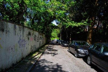 Caldas da Rainha, Portekiz - 17 Nisan 2025: Otomobil parkı ve doğa manzaralı cadde Caldas da Rainha, Portekiz