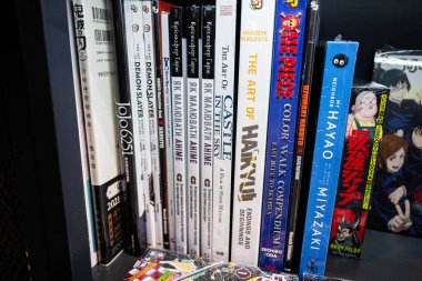Ivano-Frankivsk, Ukrayna - 29 Nisan 2025: Düzenli bir kitaplık anime ve manga temalı kitaplar ve sanat eserleri koleksiyonu.