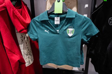 Ivano-Frankivsk, Ukrayna - 29 Nisan 2025: Slytherin tasarımlı yeşil bir Puma gömleği giyim rafında belirgin bir şekilde sergilendi.