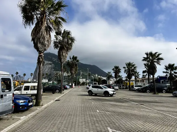 Cebelitarık, İngiltere - 01 Mayıs 2025: Park alanı, palmiye ağaçları ve Cebelitarık Kayası 'nın eski manzarası.