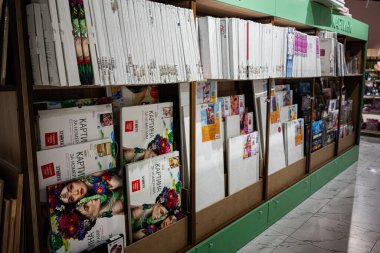 Ivano-Frankivsk, Ukrayna - 29 Nisan 2025: Tablo setleri ve boş tuvallerin sergilendiği bir mağaza