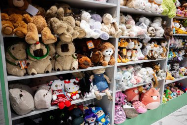 Ivano-Frankivsk, Ukrayna - 29 Nisan 2025: Parlak renkli peluş oyuncaklar sergilenen organize rafları olan bir mağaza önü