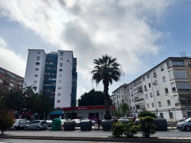 Malaga, İspanya - 02 Mayıs 2025: Malaga, İspanya 'da binalar, arabalar ve palmiye ağaçlarının yer aldığı canlı bir şehir manzarası.