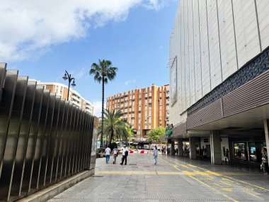 Malaga, İspanya - 02 Mayıs 2025: Malaga, İspanya 'da sokak manzarası, güneşli gökyüzünün altında kentsel mimari ve palmiye ağaçları yer alıyor.