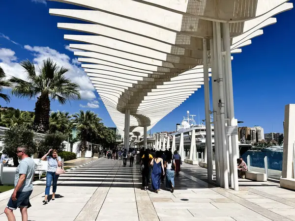 Malaga, İspanya - 02 Mayıs 2025: Çağdaş tasarım, canlı insanlar ve manzaralı palmiye ağaçları ile Malaga 'daki güneşli gezinti alanı