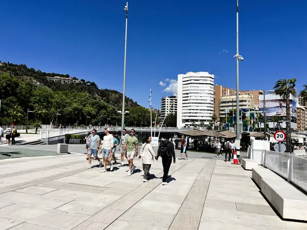 Malaga, İspanya - 02 Mayıs 2025: Bir grup modern binalar ve doğa ile çevrili Malaga 'nın şehir manzarasında yürüyor.