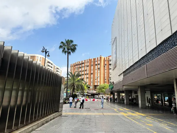 Malaga, İspanya - 02 Mayıs 2025: Malaga, İspanya 'da sokak manzarası, güneşli gökyüzünün altında kentsel mimari ve palmiye ağaçları yer alıyor.