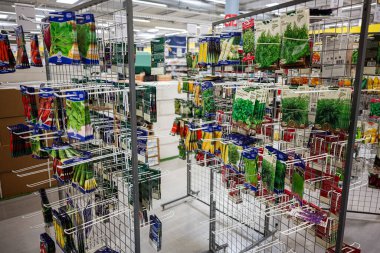 İvano-Frankivsk, Ukrayna - 29 Nisan 2025: Bir mağaza ortamında sergilenen rafta çeşitli bahçe tohum paketleri düzenlendi