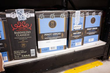 Ivano-Frankivsk, Ukrayna - 29 Nisan 2025: Depoda Bardolino Classico ve Pinot Grigio çeşitlerinin yer aldığı İtalyan şarap ambalajı