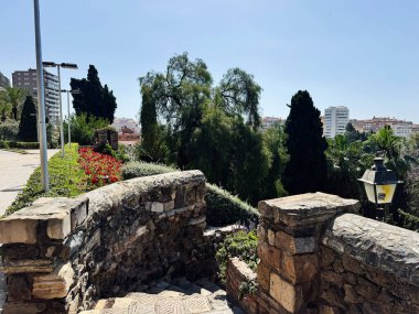 Malaga, İspanya - 02 Mayıs 2025: Açık bir gökyüzünün altında, Malaga şehrinde bahçeler ve ağaçlarla çevrili taş patika