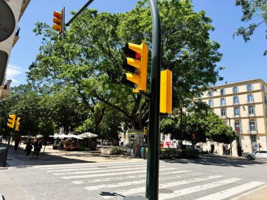 Malaga, İspanya - 02 Mayıs 2025: Malaga, İspanya 'da trafik ışıkları, ağaçlar ve yaya geçitleriyle dolu şehir manzarası