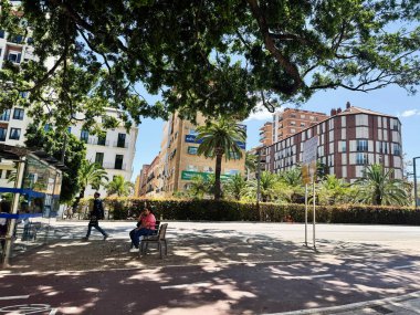Malaga, İspanya - 02 Mayıs 2025: Ağaçlar, binalar ve İspanya 'nın Malaga kentindeki güneşli bir sokakta sakin bir bank.