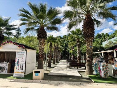 Malaga, İspanya - 02 Mayıs 2025: İspanya 'nın Malaga kentinde canlı güneşli bir gökyüzü altında palmiye ağaçlarıyla kaplı bir patika