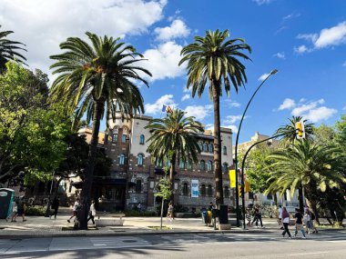 Malaga, İspanya - 02 Mayıs 2025: Malaga 'nın palmiye ağaçları ve mavi gökyüzü altındaki tarihi mimarisi