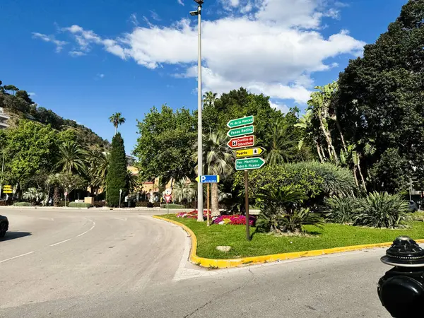 Malaga, İspanya - 02 Mayıs 2025: Güneşli bir günde Malaga 'da dekoratif bitki örtüsü, sokak tabelaları ve ağaçlarla dolu bir kavşak.