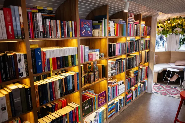 Lviv, Ukrayna - 04 Mayıs 2025: Rahat bir oturma alanının yanında kitaplarla dolu rahat bir kütüphane