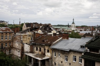 Lviv, Ukrayna 'da uzak bir orman ufkuna bakan kırsal mimari ve tarihi çatılar. 
