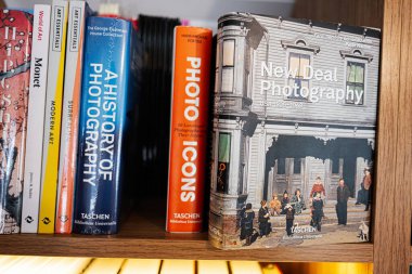 Lviv, Ukrayna - Mayıs 04, 2025: ABD 1935-1943. Fotoğraf ve sanat üzerine canlı renkler ve çeşitli konularla düzgünce istiflenmiş kitaplar.