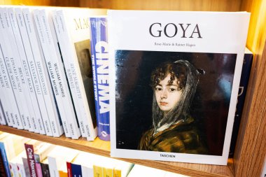 Lviv, Ukrayna - 04 Mayıs 2025: Ahşap bir rafta Goya sanat kitabı sergilendi.