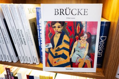 Lviv, Ukrayna - 04 Mayıs 2025: Brucke kitabı ahşap bir kitaplığa renkli bir kapak tasarımı yerleştirdi