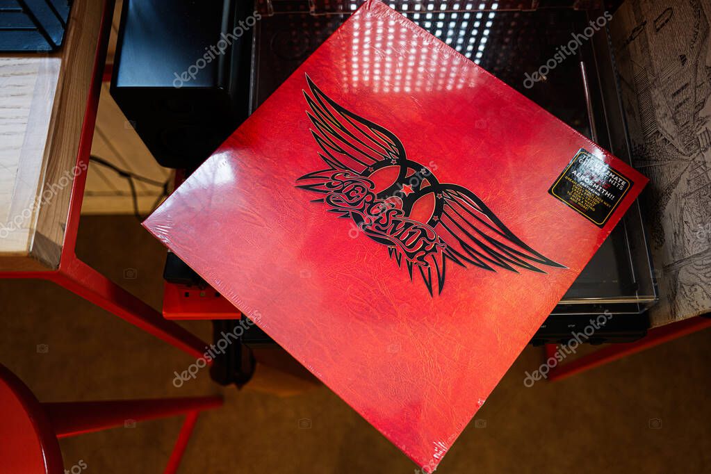 Lviv, Ukraine - May 13, 2025: A vinyl record of Aerosmith Greatest Hits with iconic logo and vibrant color design.
