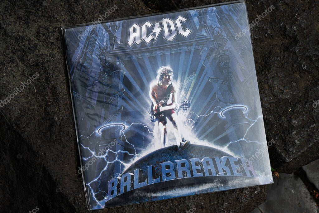 Lviv, Ukraine - May 13, 2025: Album cover of AC DC 1995 release Ballbreaker, featuring rock themes and imagery.