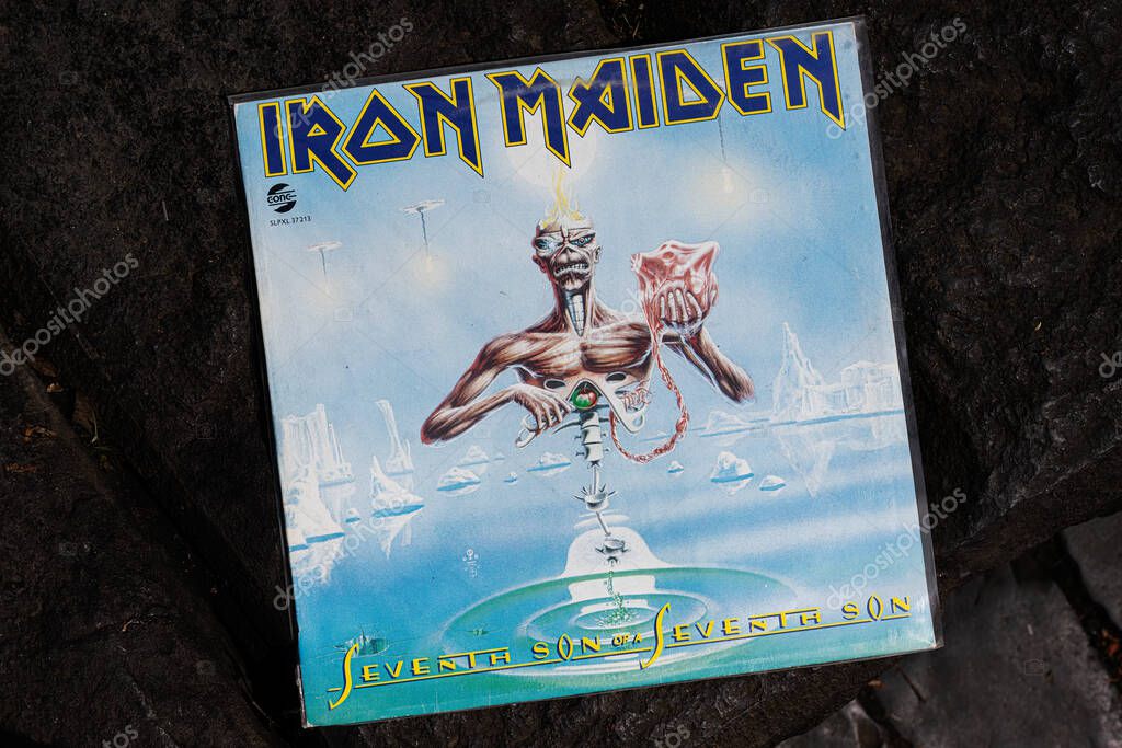 Lviv, Ukraine - May 13, 2025: Iconic 1988 album cover of Iron Maiden legendary album Seventh Son of a Seventh Son.
